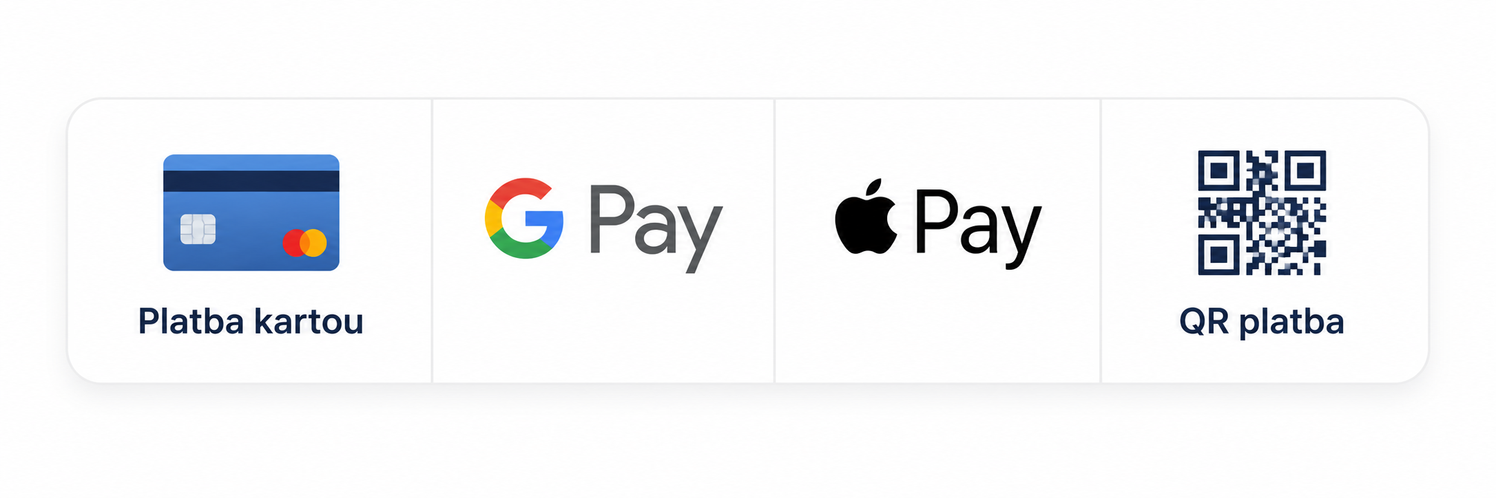 Možnosti platby: platební karta, Google Pay, Apple Pay, bankovní převod a QR platba
